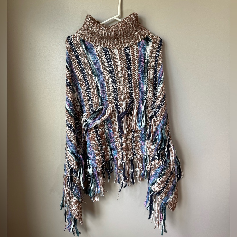 Free People Multicolor Marled Knit Turtle Neck Poncho